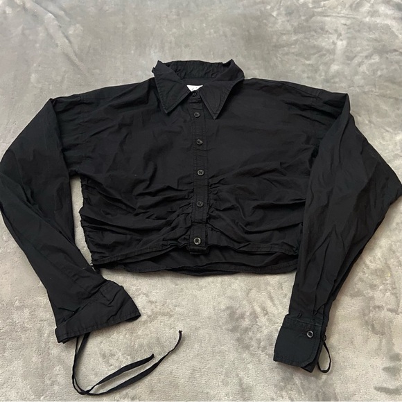 L'Academie The Lena Blouse Black Ruched Drawstring Crop Button Down Shirt 4068 - Picture 3 of 7